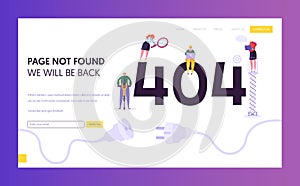 404 Maintenance Error Landing Page Template. Page Not Found Under Construction Concept with Characters Fixing Problem