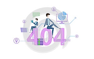 404, Not Found, 404 error message. Concept table with people and icons. Colored flat vector illustration on white