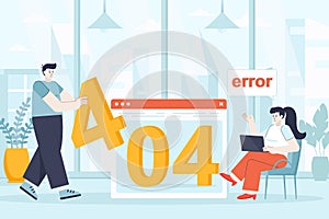 404 page error concept in flat design. Development team working on problem site scene. Technology department fixes error on broken