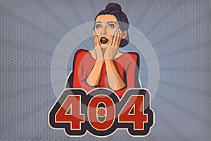 404 Page not found vector illustration. Web internet problem with internet page. Woman with open mouth cartoon pop art styled. Vec