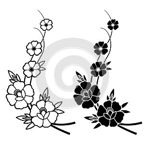4050 flowers, vector illustration, drawing of a bouquet of flowers in black, template, ornament for tattoo, isolate on a white bac