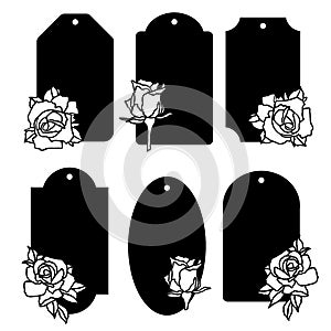 4081 tags, Vector illustration, set of floral tags, labels with flowers, drawing in black, isolate on white