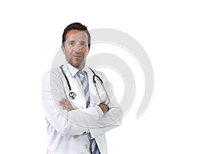 40s attractive and happy male medicine doctor with stethoscope happy in medical gown