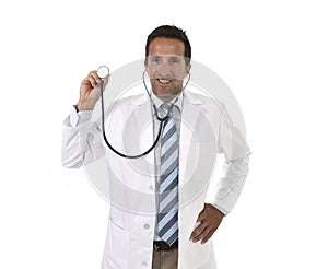 40s attractive male medicine doctor holding stethoscope wearing medical gown standing proud smiling happy