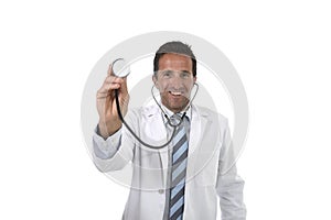 40s attractive male medicine doctor holding stethoscope wearing medical gown standing proud smiling happy