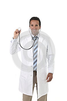 40s attractive male medicine doctor holding stethoscope wearing medical gown standing proud smiling happy