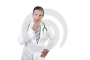 40s attractive male medicine doctor with stethoscope wearing medical gown in worried and stress