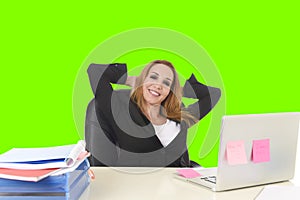 40s blond business woman working at office laptop computer relaxed green chroma key