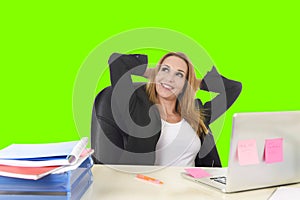 40s blond business woman working at office laptop computer relaxed green chroma key