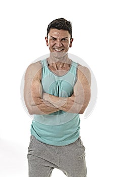 40s man bodybuilder smiling happy in corporate cross arms pose wearing singlet