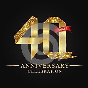 40th anniversary years celebration logotype. Logo ribbon gold number and red ribbon on black background.