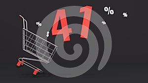 41 percent discount flying out of a shopping cart on a black background. Concept of discounts, black friday, online sales. 3d