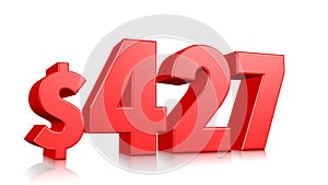 427$ Four hundred and twenty seven price symbol. red text number 3d render with dollar sign on white background