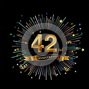 42nd Anniversary celebration. Golden number 42nd with sparkling confetti