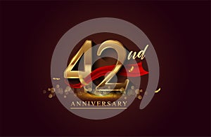 42nd anniversary logo with red ribbon and golden confetti isolated on elegant background, sparkle, vector design for greeting card