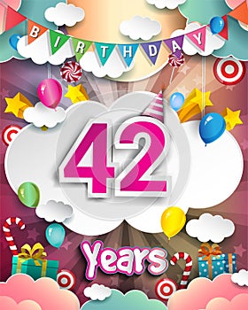 42nd Birthday Celebration greeting card Design, with clouds and balloons