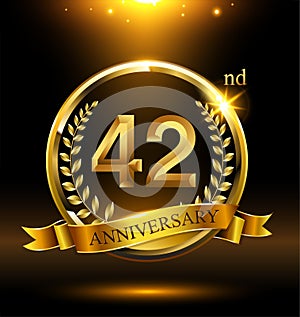 42nd golden anniversary logo with ring and ribbon, laurel wreath