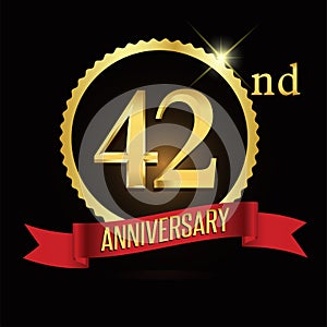 42nd golden anniversary logo with shiny ring red ribbon