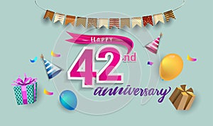 42nd Years Anniversary Celebration Design, with gift box and balloons, ribbon, Colorful Vector template elements for your birthday