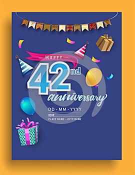 42nd Years Anniversary invitation Design, with gift box and balloons, ribbon, Colorful Vector template elements for birthday