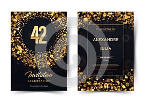 42nd years birthday vector black paper luxury invitation double card. Forty two years wedding anniversary celebration