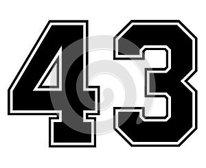 43 Classic Vintage Sport Jersey Number in black number on white background for american football, baseball or basketball