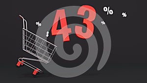 43 percent discount flying out of a shopping cart on a black background. Concept of discounts, black friday, online sales. 3d