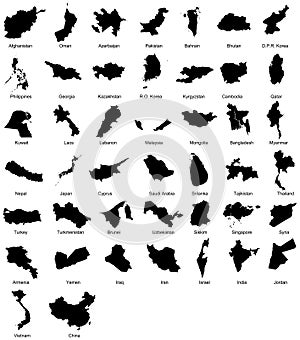 En capas ilustraciones silueta países de 44 asiático países 