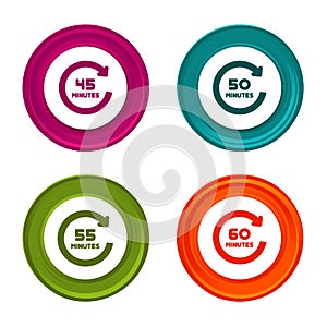 45, 50, 55 and 60 Minutes rotation icons. Timer symbols. Colorful web button with icon