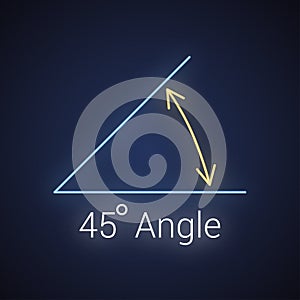 45 degree angle neon icon, isolated icon with angle symbol and text