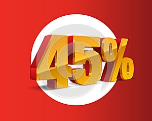 45 percent off, sale background, red metall object 3D.