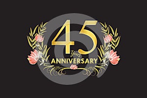 45 Years anniversary gold watercolor wreath vector