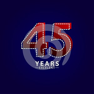 45 Years Excellent Anniversary Celebration Red Dash Line Vector Template Design Illustration