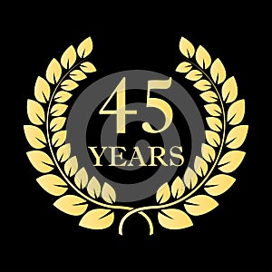 45 years icon. 45th anniversary or birthday laurel wreath emblem. Vector illustration