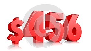 456$ Four hundred and fifty six price symbol. red text number 3d render with dollar sign on white background