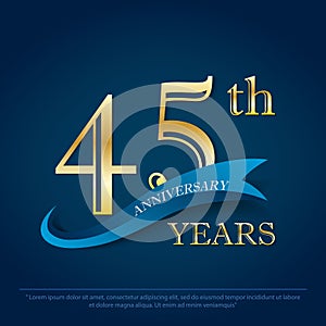 45th years anniversary celebration emblem. elegance golden anniversary logo with blue ribbon on dark blue background, vector