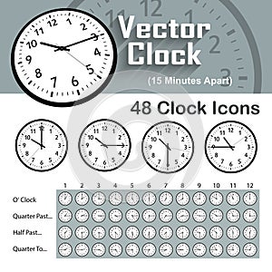 48 Classic Vector Clock Icons - 15 Minutes Apart