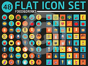 48 flat icon set. Food and drinks. Vector.