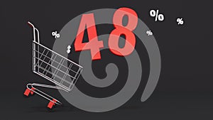 48 percent discount flying out of a shopping cart on a black background. Concept of discounts, black friday, online sales. 3d