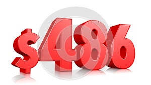 486$ Four hundred and eighty six price symbol. red text number 3d render with dollar sign on white background