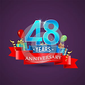 48th Anniversary celebration logo, with gift box and balloons, red ribbon