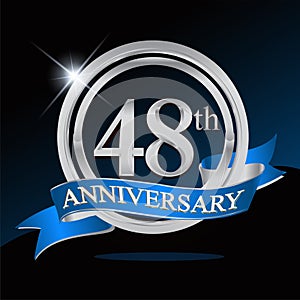 48th anniversary logo with blue ribbon and silver ring, vector template for birthday celebration