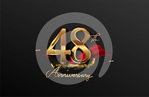 48th anniversary logo with red ribbon and golden confetti isolated on elegant background, sparkle, vector design for greeting card