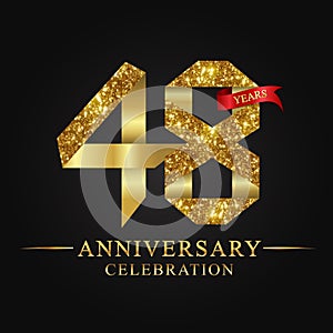 48th anniversary years celebration logotype. Logo ribbon gold number and red ribbon on black background.