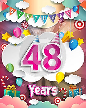 48th Birthday Celebration greeting card Design, with clouds and balloons