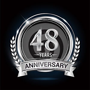 48th silver anniversary logo with laurel wreath, ribbon and silver ring. vector design
