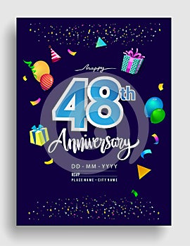 48th Years Anniversary invitation Design, with gift box and balloons, ribbon, Colorful Vector template elements for birthday