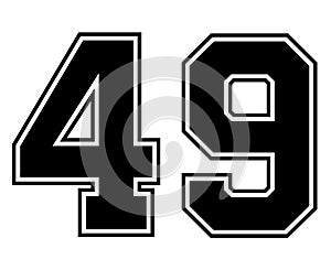 49 Classic Vintage Sport Jersey Number in black number on white background for american football, baseball or basketball