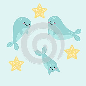 4Cute smiling dolphins, whales, narwhals set. Collection of marine animals and cetacean with fins underwater isolated