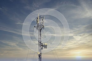 4G and 5G cellular. Macro Base Station or Base Transceiver Station. Telecommunication tower. Wireless Communication Antenna Transm